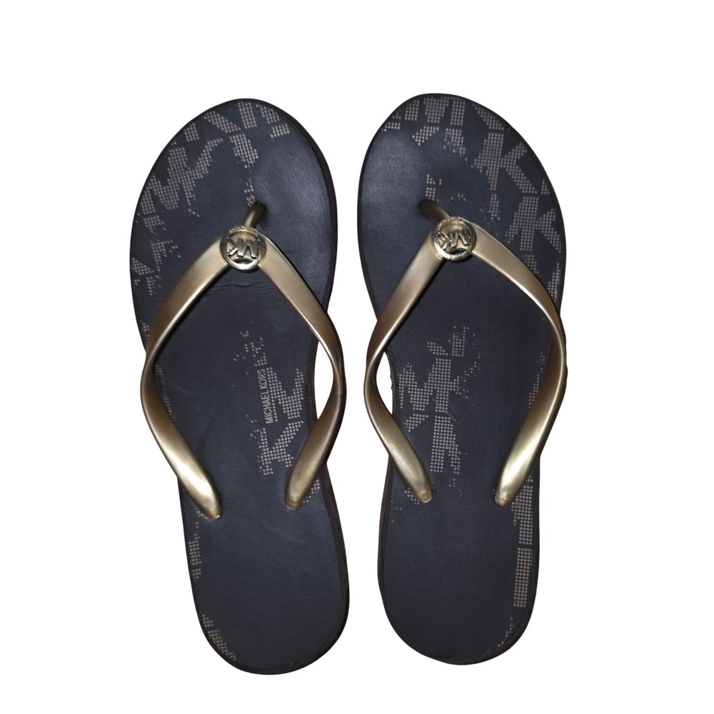 Michael Kors Brown Gold Monogram Platform Flip Flop Wedge Sandals Women 9/40